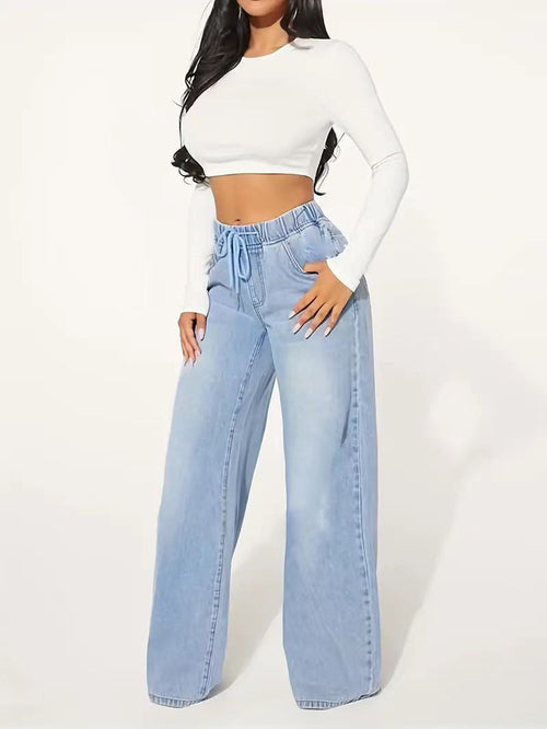 High Waist Drawstring Wide Leg Jeans