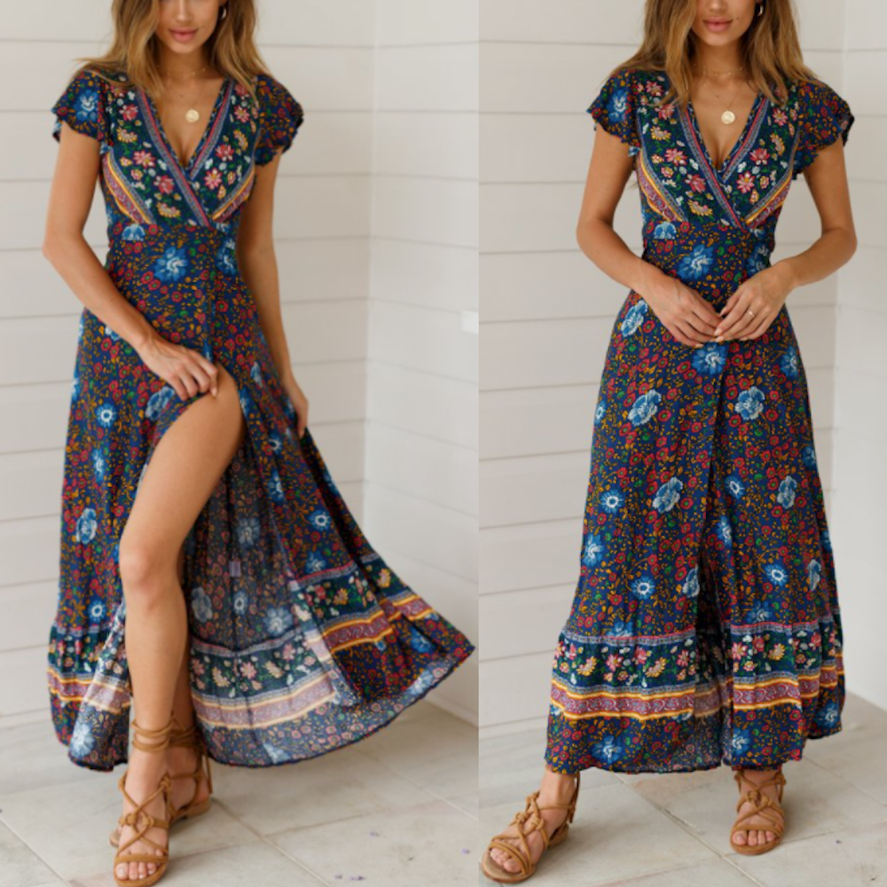 Wrap Style V Neck Floral Dress