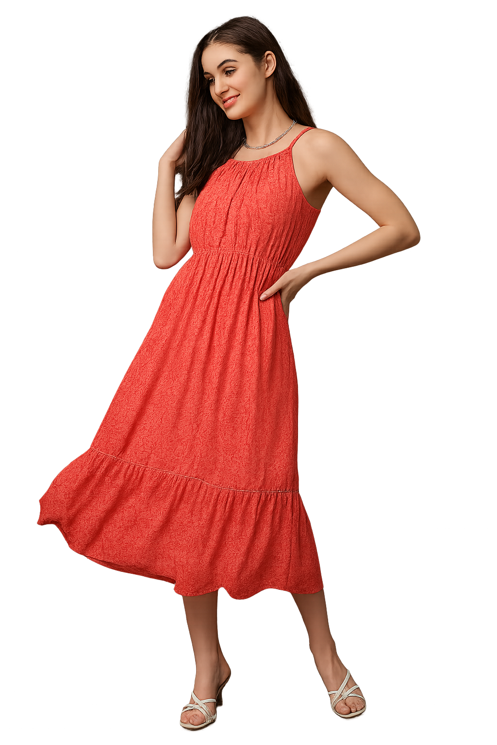 Sleeveless Pink Midi Dress – A-Line Fit with Ruffled Hem