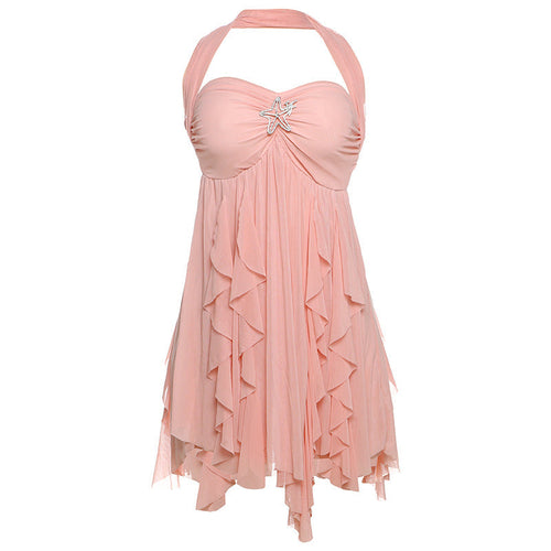 Ins Halter Neck Backless Dress Printed Irregular Mesh
