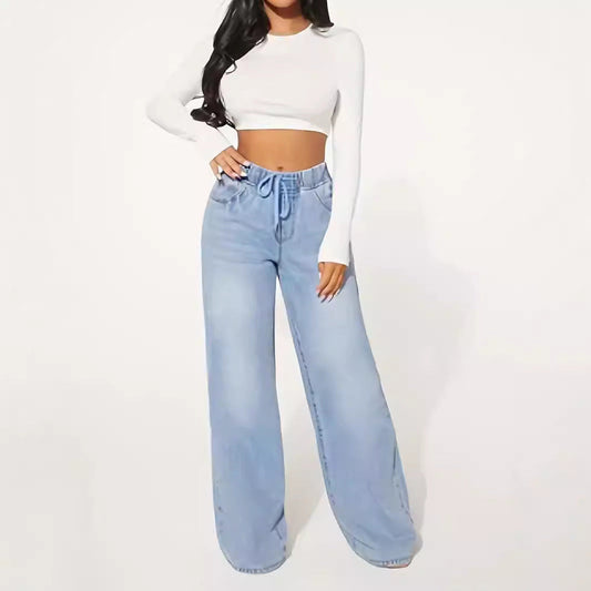 High Waist Drawstring Wide Leg Jeans