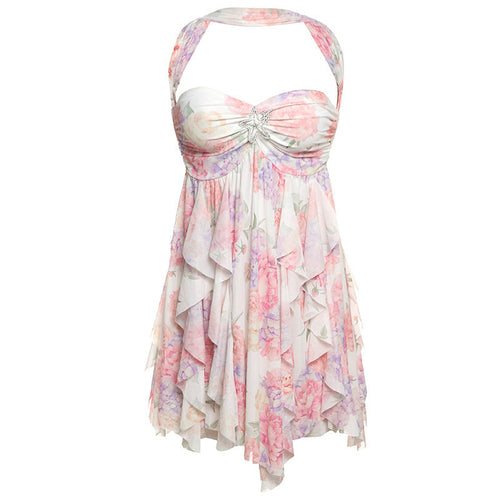Ins Halter Neck Backless Dress Printed Irregular Mesh
