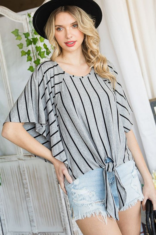 Tie Hem Round Neck Cape Sleeve Top