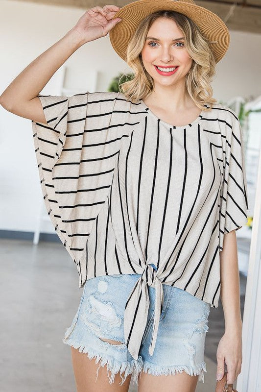 Tie Hem Round Neck Cape Sleeve Top