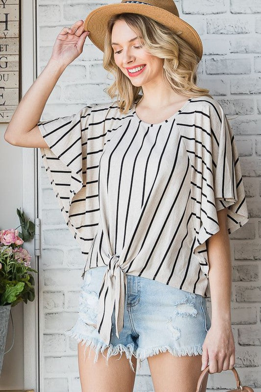 Tie Hem Round Neck Cape Sleeve Top