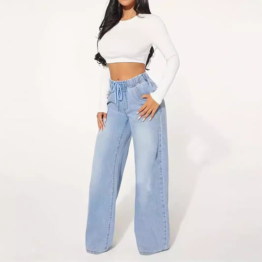 High Waist Drawstring Wide Leg Jeans