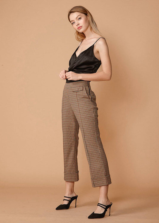 Wide Cuff Trouser in Peach Gingham