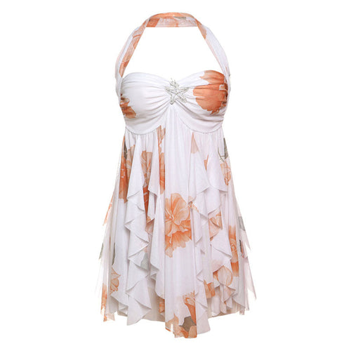 Ins Halter Neck Backless Dress Printed Irregular Mesh