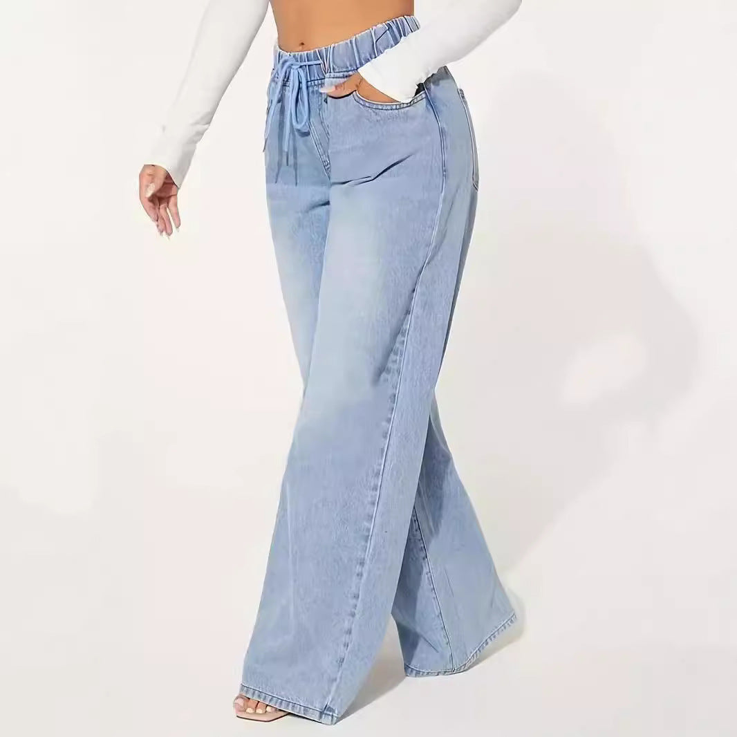 High Waist Drawstring Wide Leg Jeans