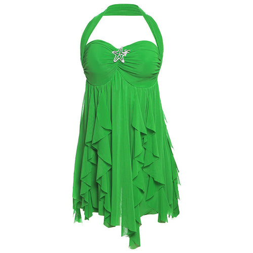 Ins Halter Neck Backless Dress Printed Irregular Mesh