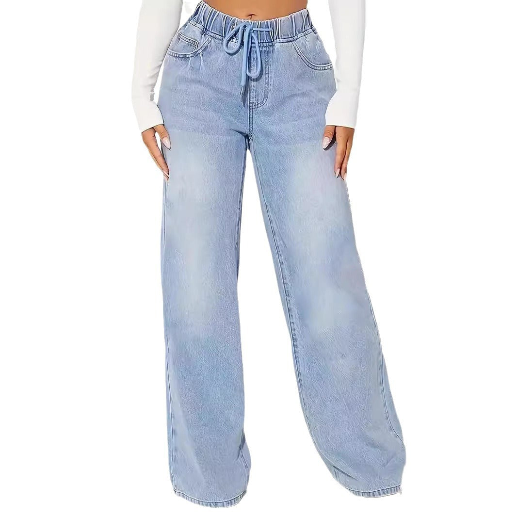 High Waist Drawstring Wide Leg Jeans