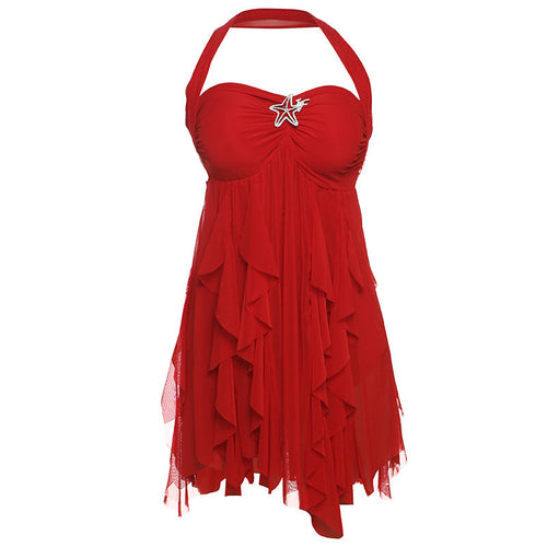 Ins Halter Neck Backless Dress Printed Irregular Mesh