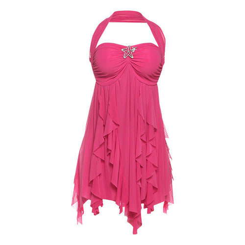 Ins Halter Neck Backless Dress Printed Irregular Mesh