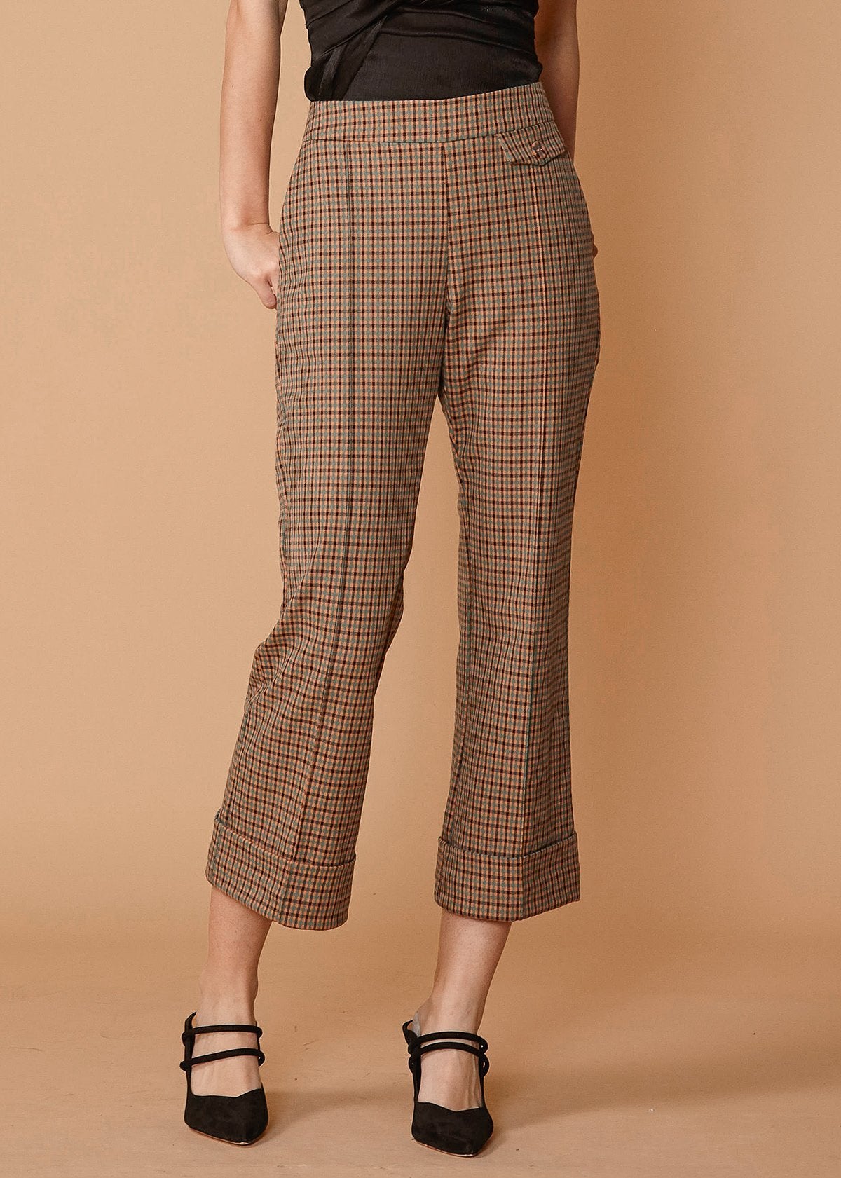Wide Cuff Trouser in Peach Gingham