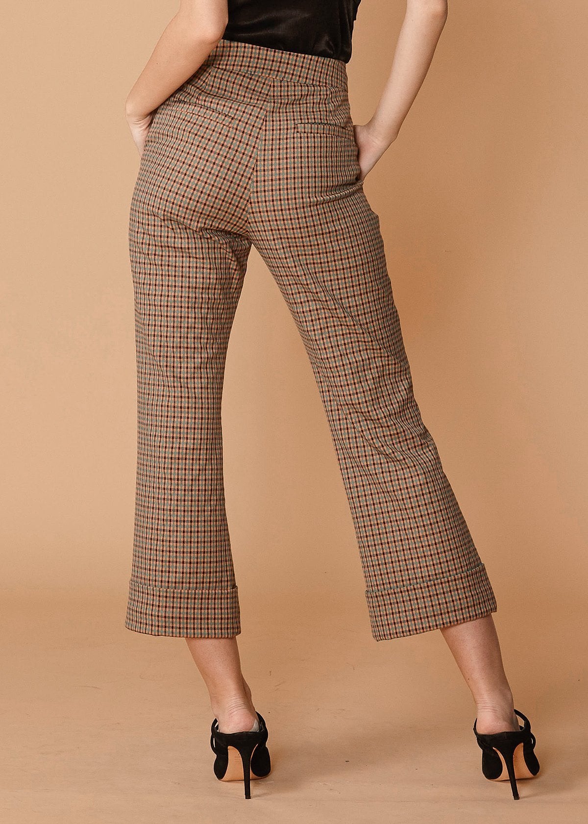 Wide Cuff Trouser in Peach Gingham