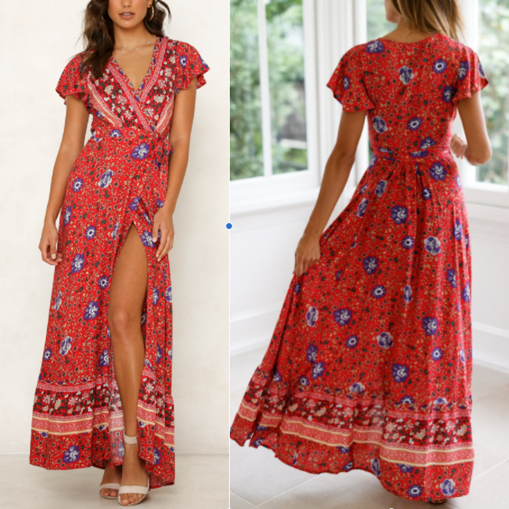 Wrap Style V Neck Floral Dress