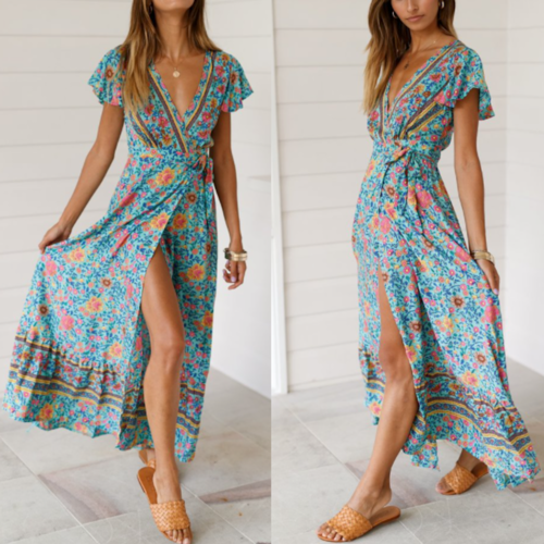 Wrap Style V Neck Floral Dress