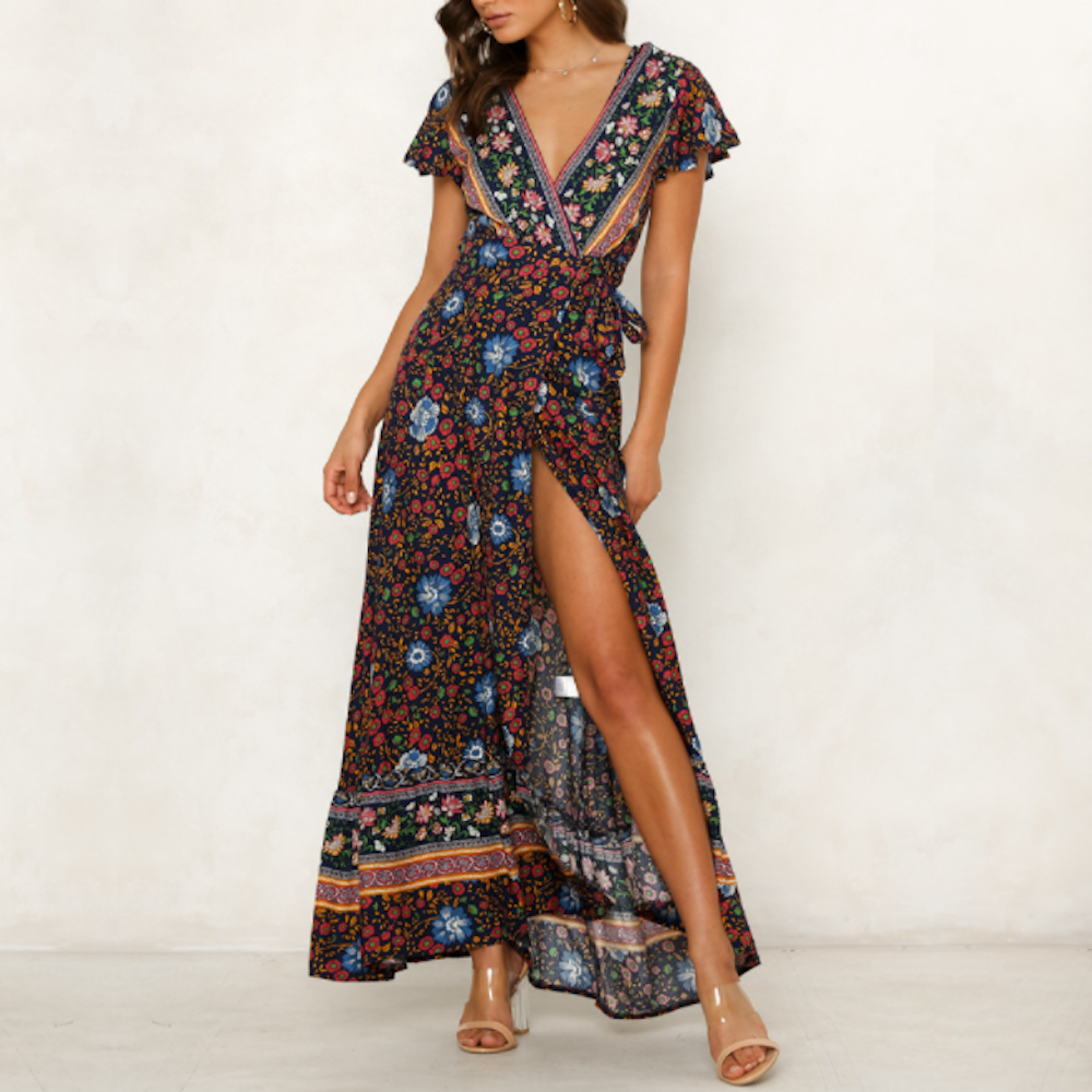 Wrap Style V Neck Floral Dress