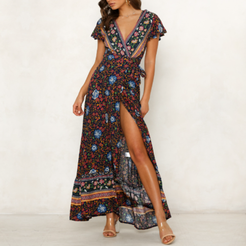 Wrap Style V Neck Floral Dress