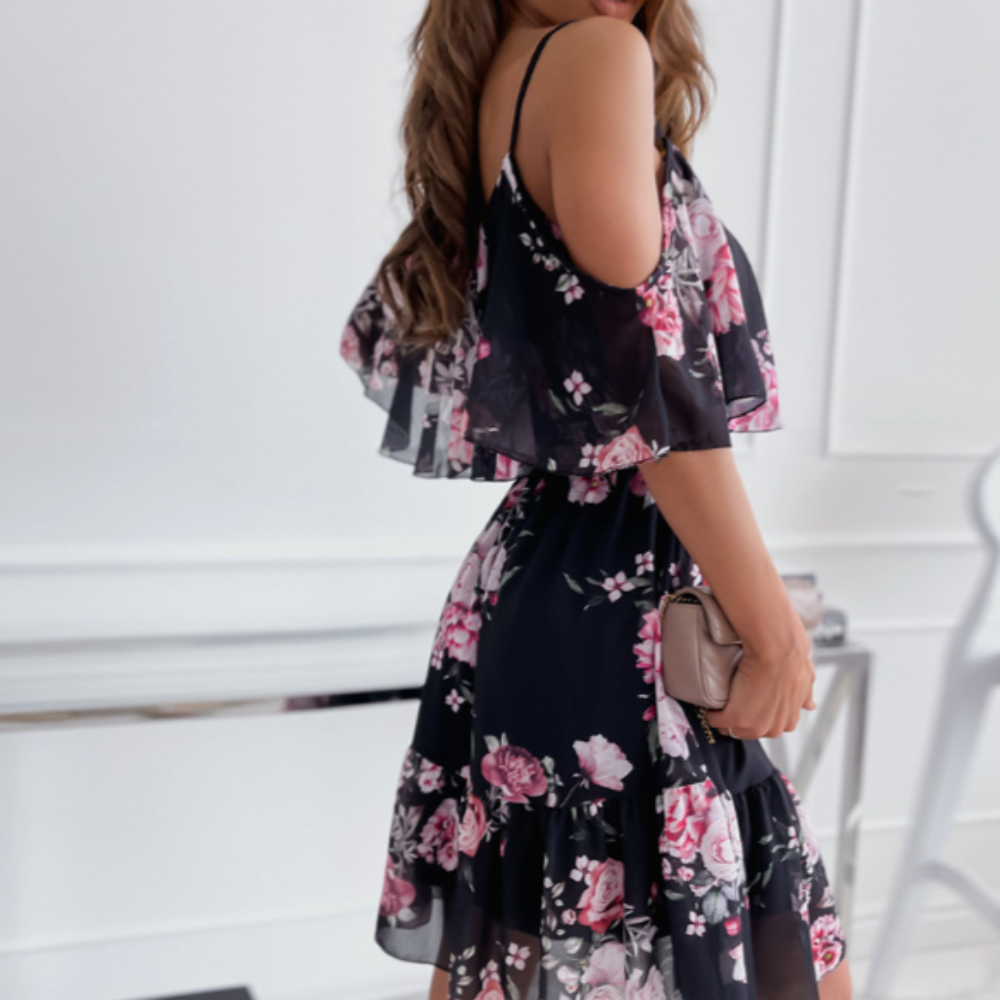 Cold Shoulder Ruffle Chiffon Beach Dress