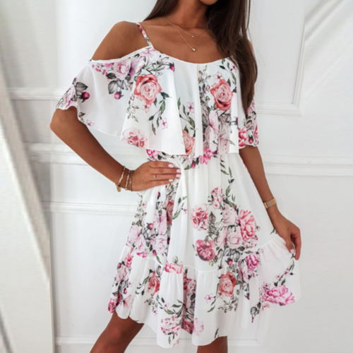 Cold Shoulder Ruffle Chiffon Beach Dress