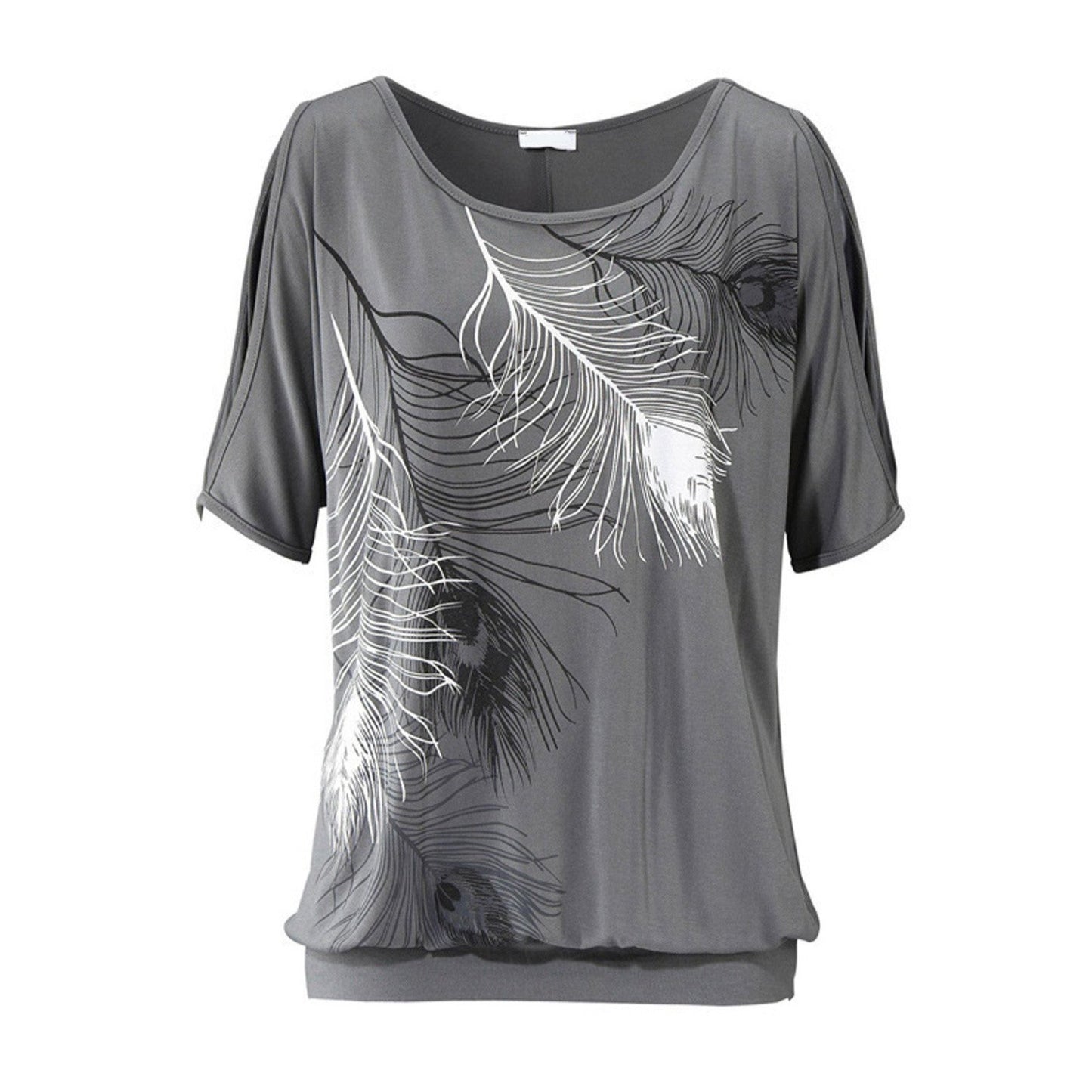 Cut Shoulder Casual T Shirt with Feather Print
