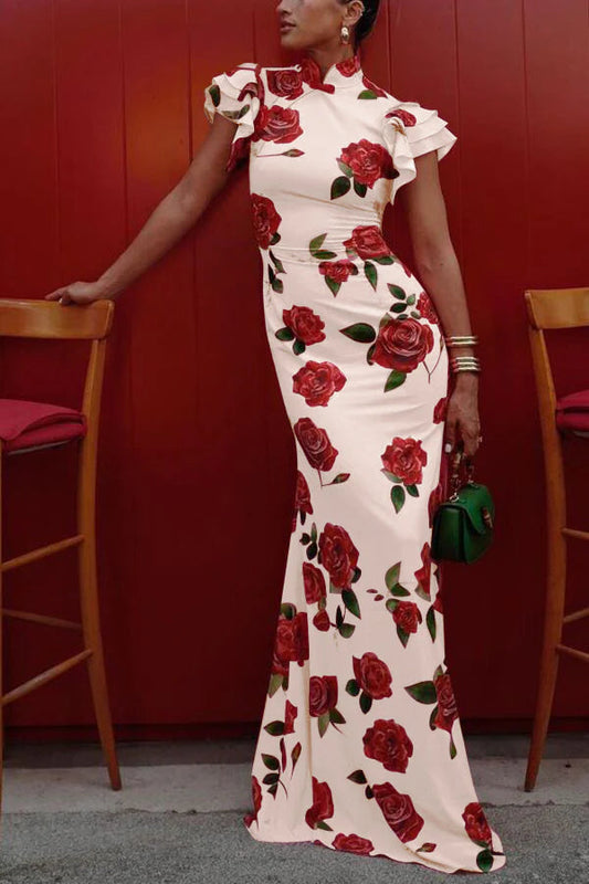 Ruffled Short Sleeved Slim Long Dress