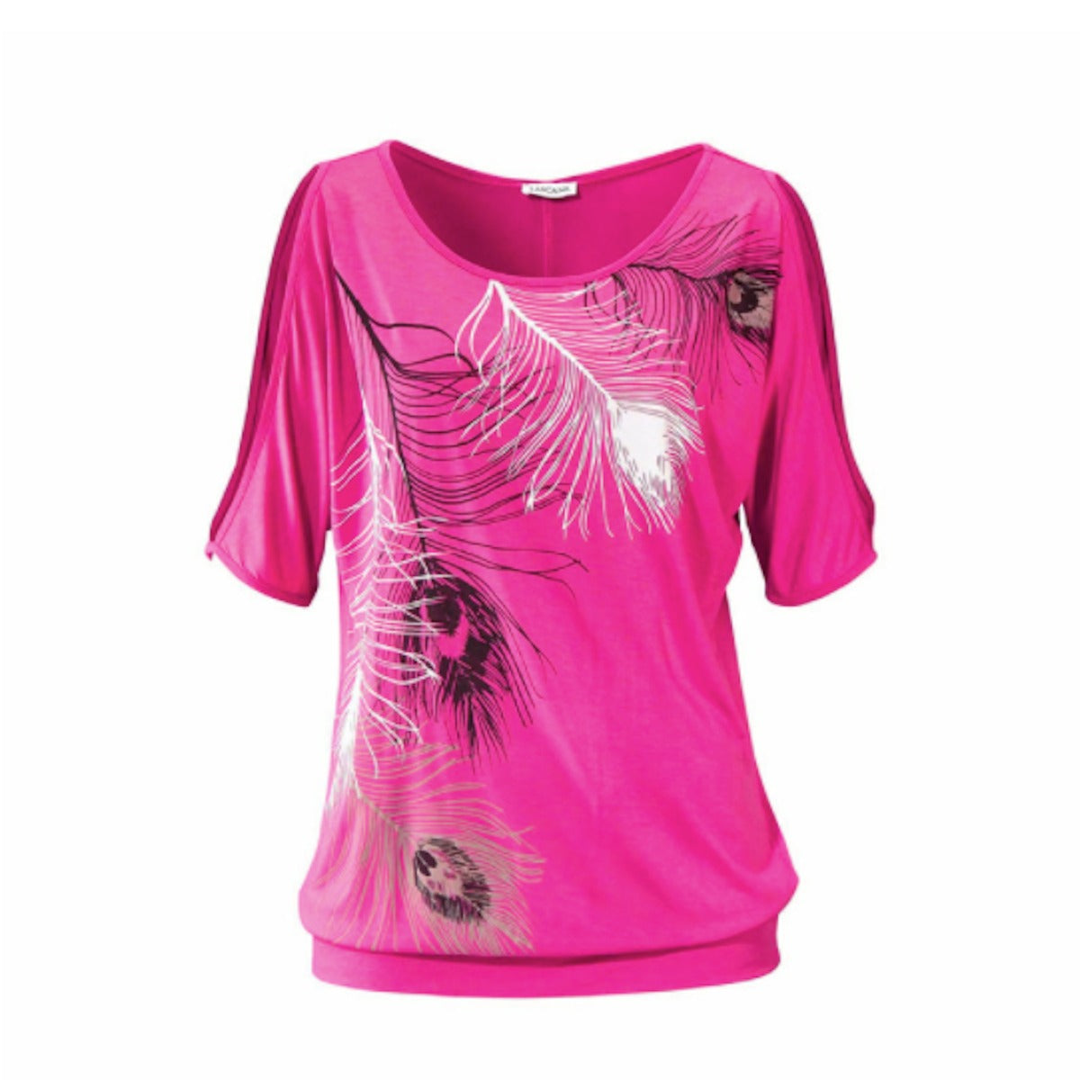 Cut Shoulder Casual T Shirt with Feather Print