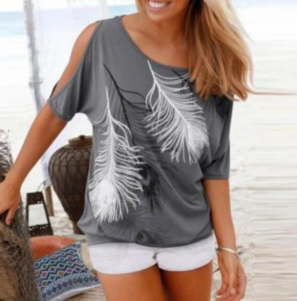 Cut Shoulder Casual T Shirt with Feather Print