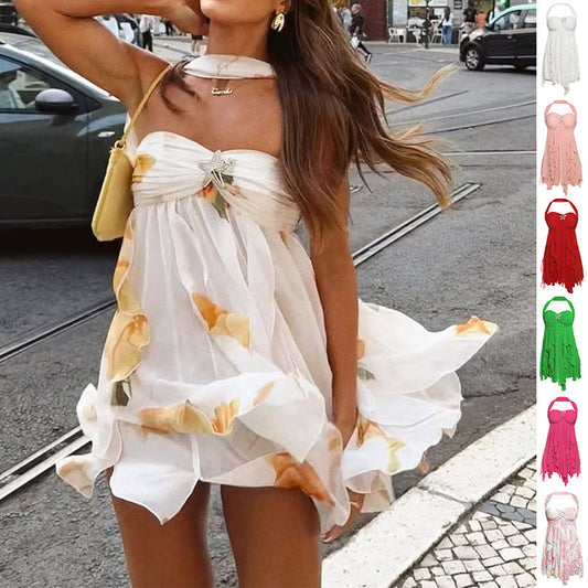 Ins Halter Neck Backless Dress Printed Irregular Mesh