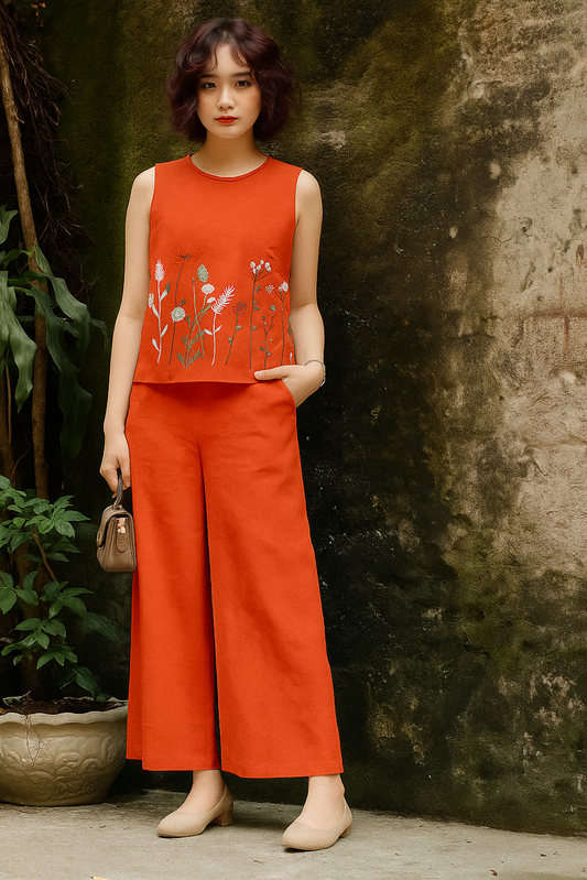 Orange Floral-Embroidered Sleeveless Set with Wide-Leg Pants (Size M)