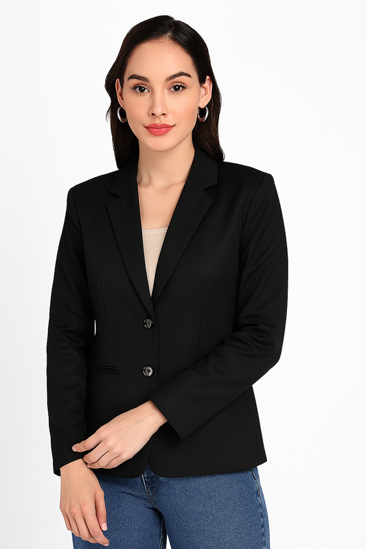 Black Blazer – Formal Notched Lapel, Two-Button Closure