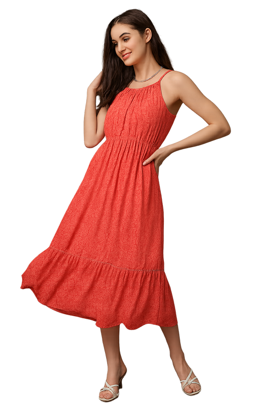 Sleeveless Pink Midi Dress – A-Line Fit with Ruffled Hem