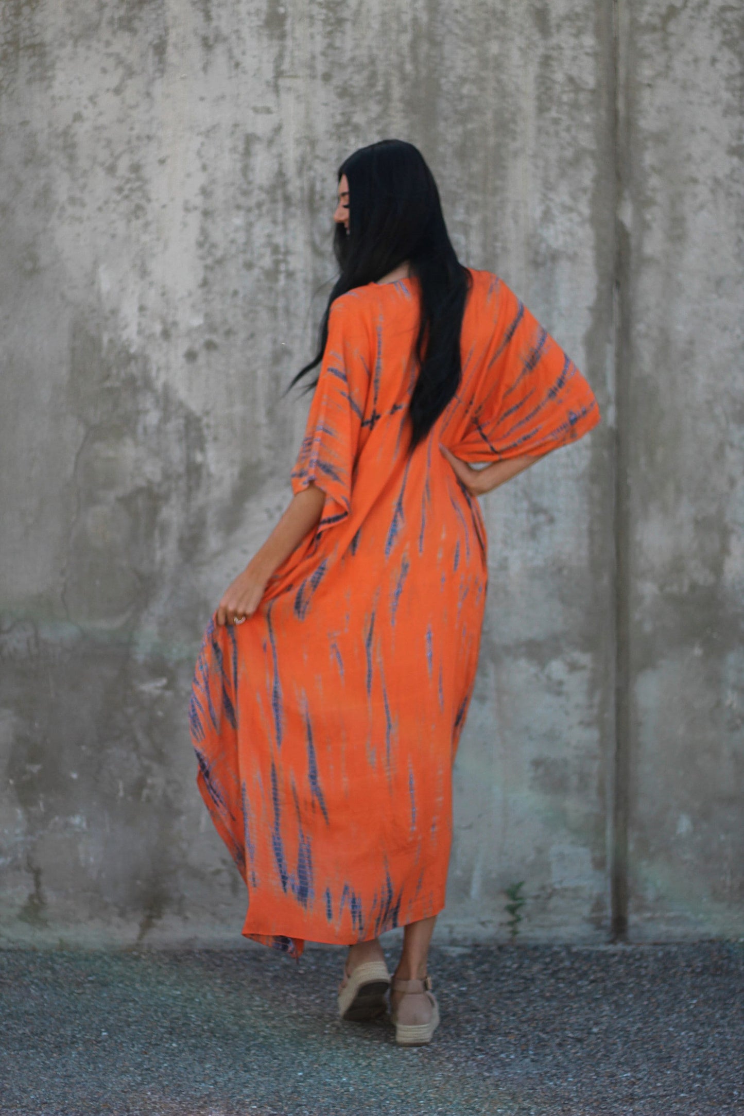 Orange Kaftan Dress with Pockets