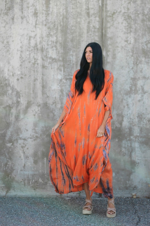 Orange Kaftan Dress with Pockets