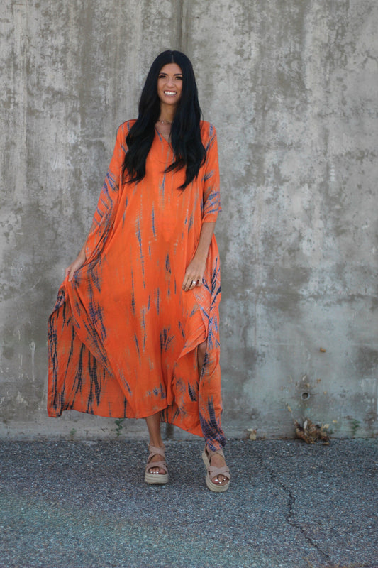 Orange Kaftan Dress with Pockets