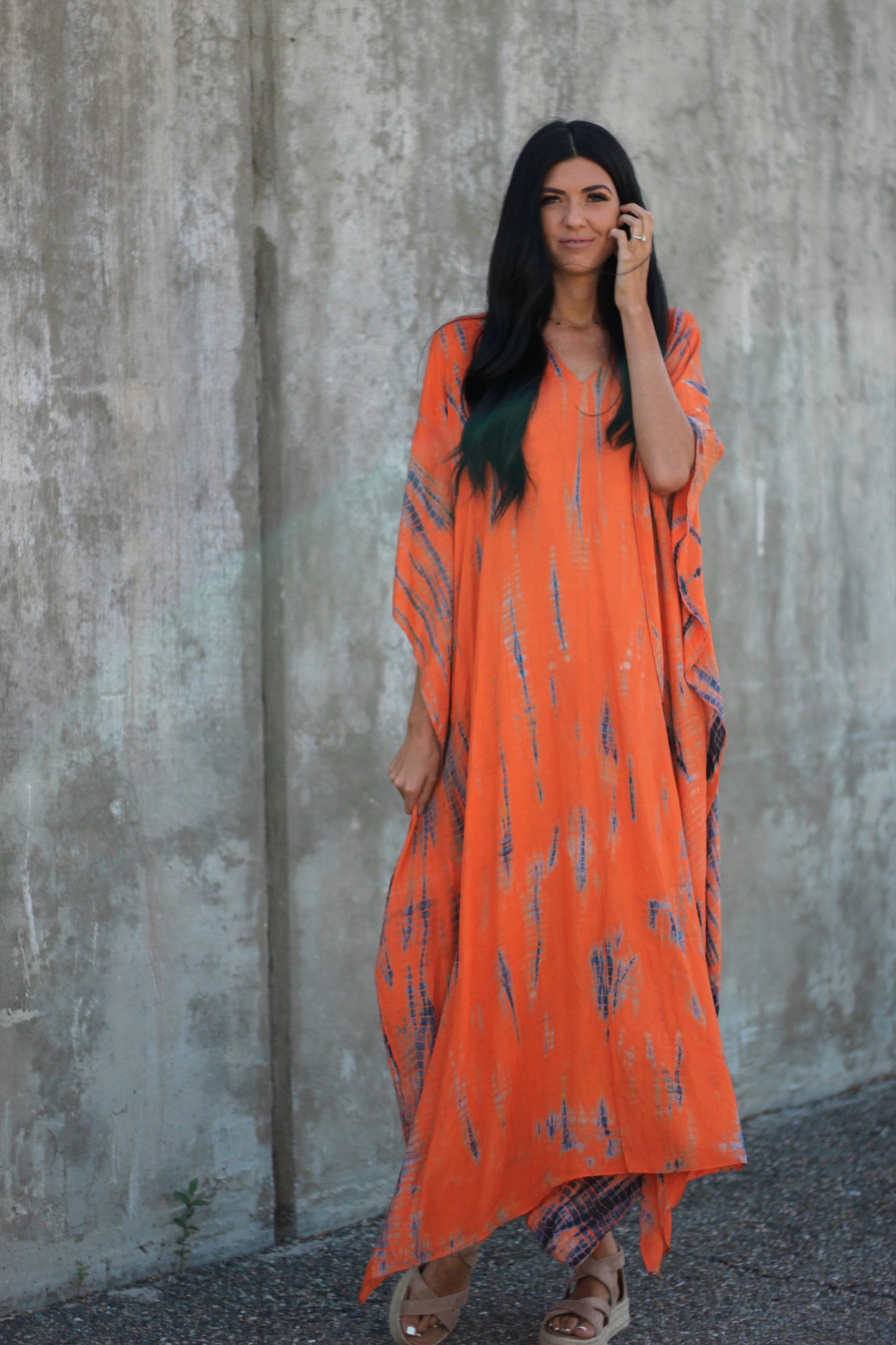 Orange Kaftan Dress with Pockets